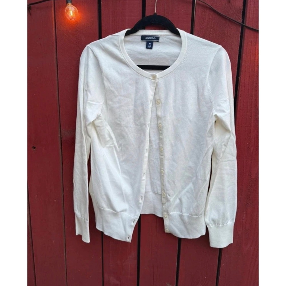 Lands' End Women's M 10-12 Ivory White Button Front Cardigan Sweater Cotton